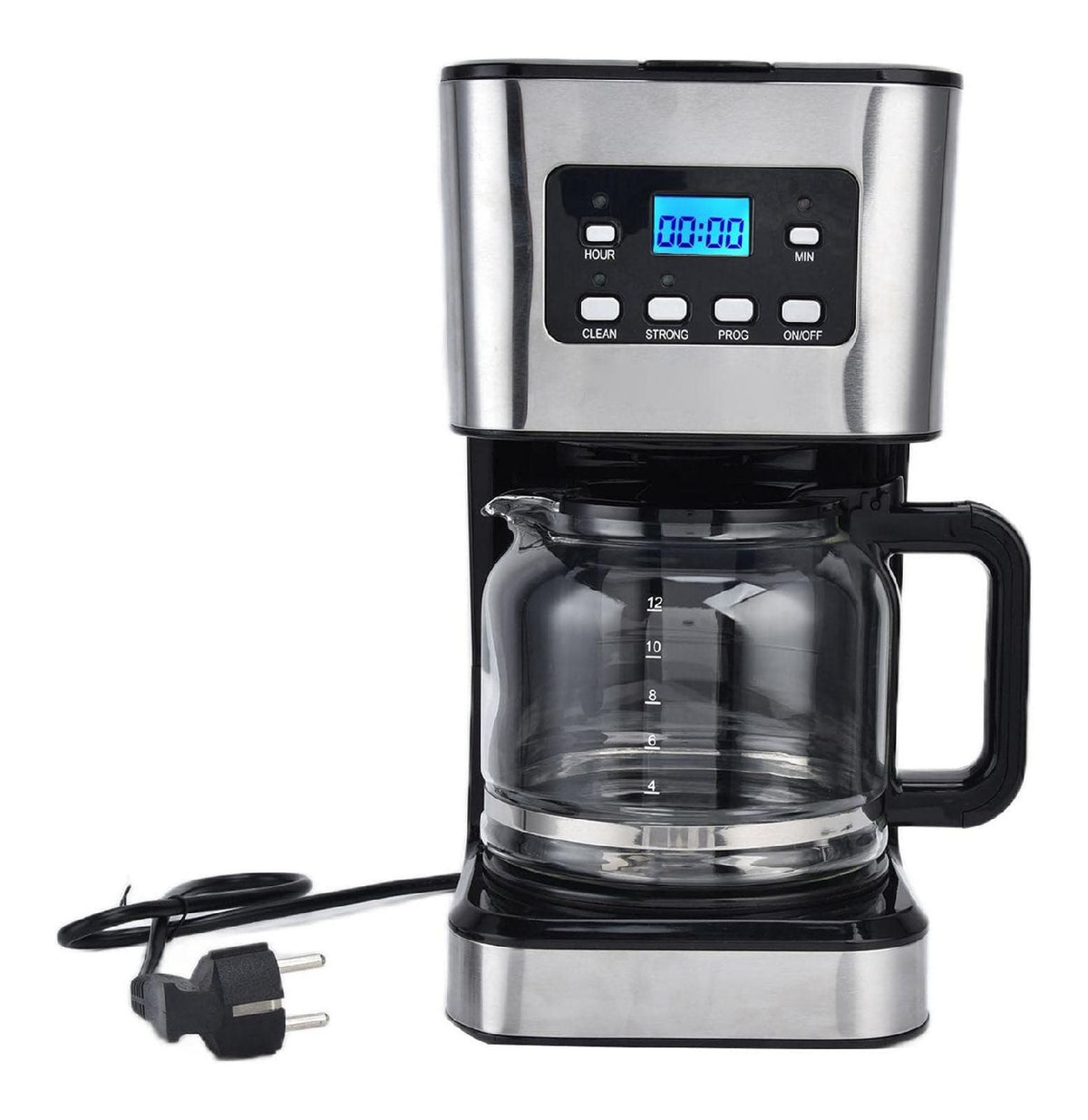 Cafetiere 12 Tasses Programmable 1.5L Ecran LED Inox Carafe Verre Anti-Goutte