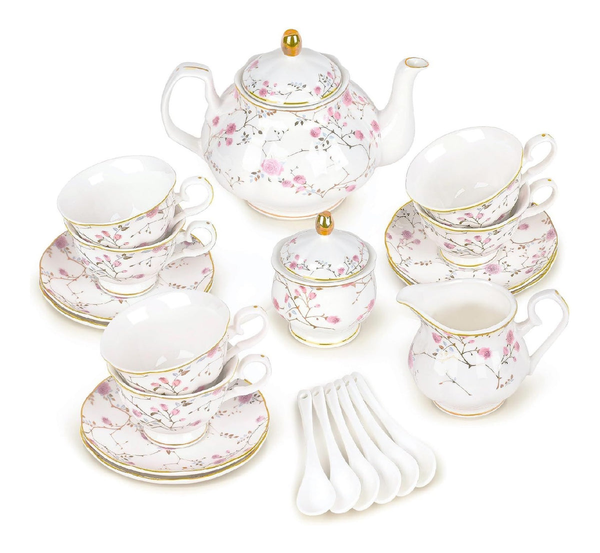 Service the 21 pieces porcelaine roses roses vignes bord dore