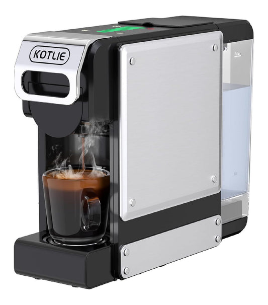 Cafetiere 5 en 1 toutes capsules et moulu, 19 bars, panneau inox brosse, chauffe 35 secondes
