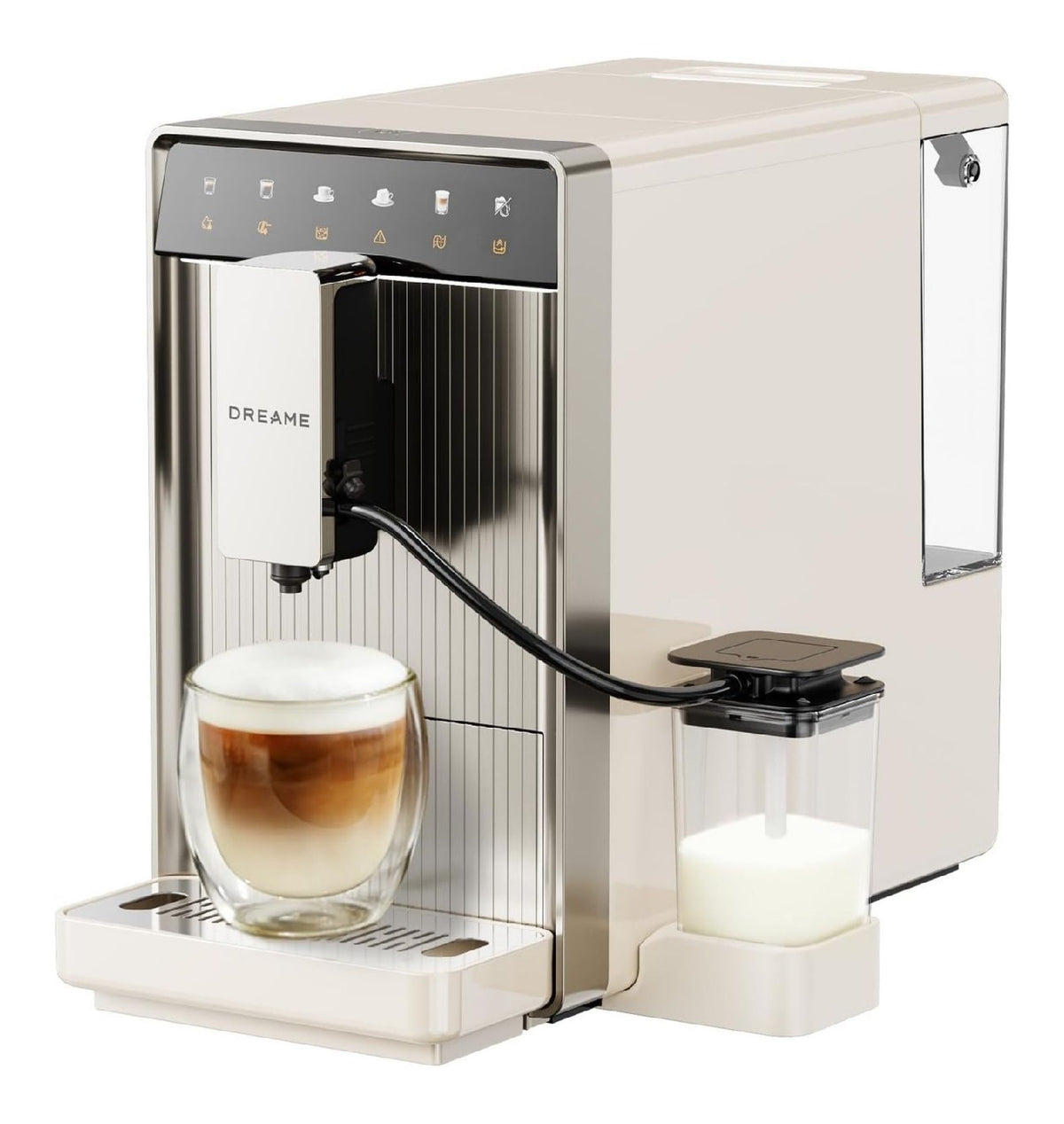 Machine grains ultra-fine 18 cm large, couleur creme, buse lait externe, cafe premium encombrement reduit