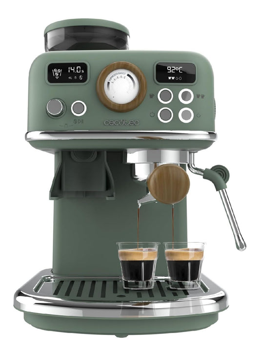 Machine espresso manuelle retro verte, moulin 20 reglages, PID, 20 bars, bois et acier