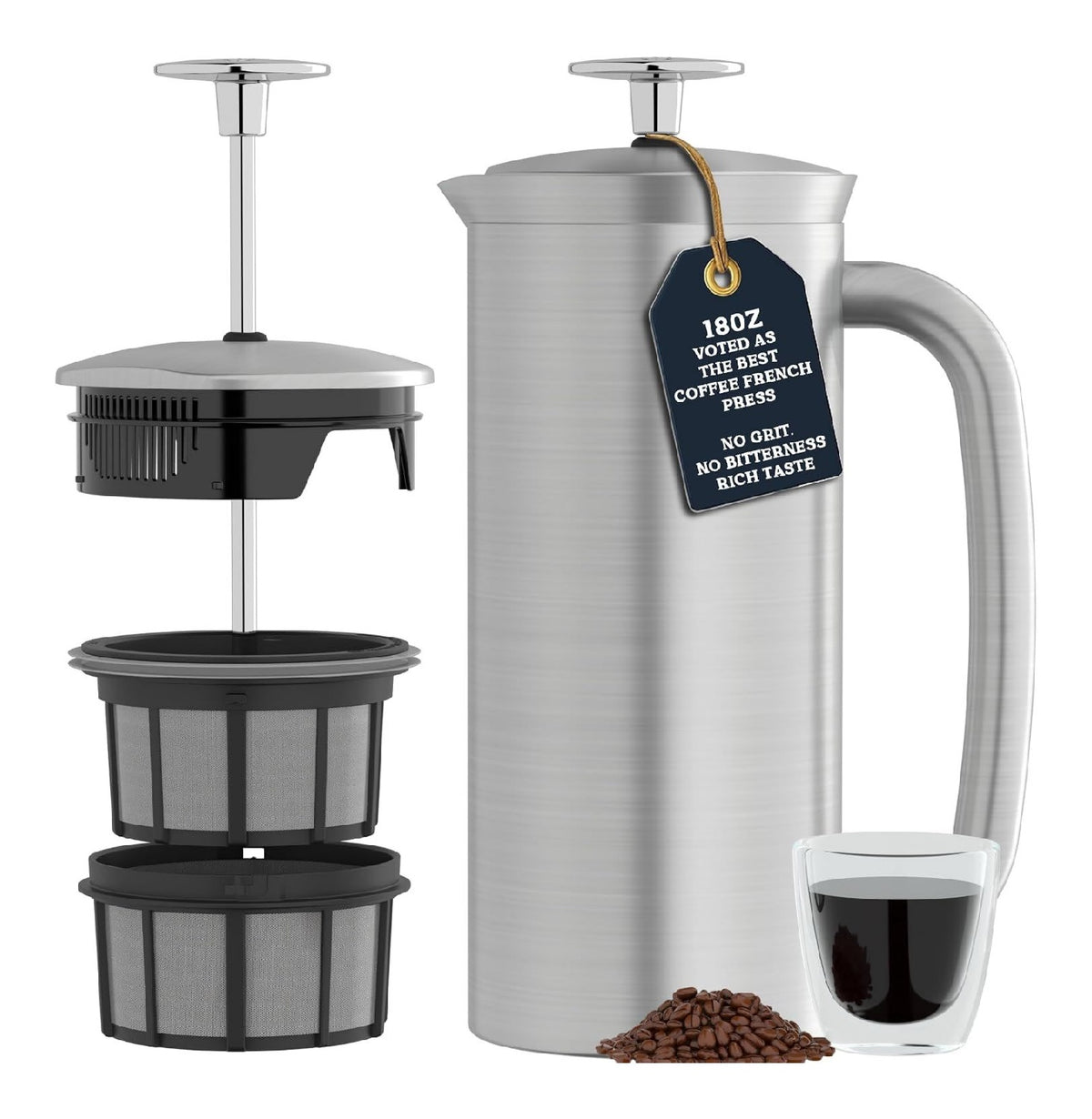 Cafetiere a piston double paroi inox filtre micro-maille sans depot