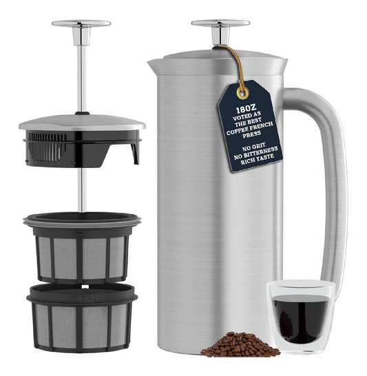 Cafetiere a piston double paroi inox filtre micro-maille sans depot