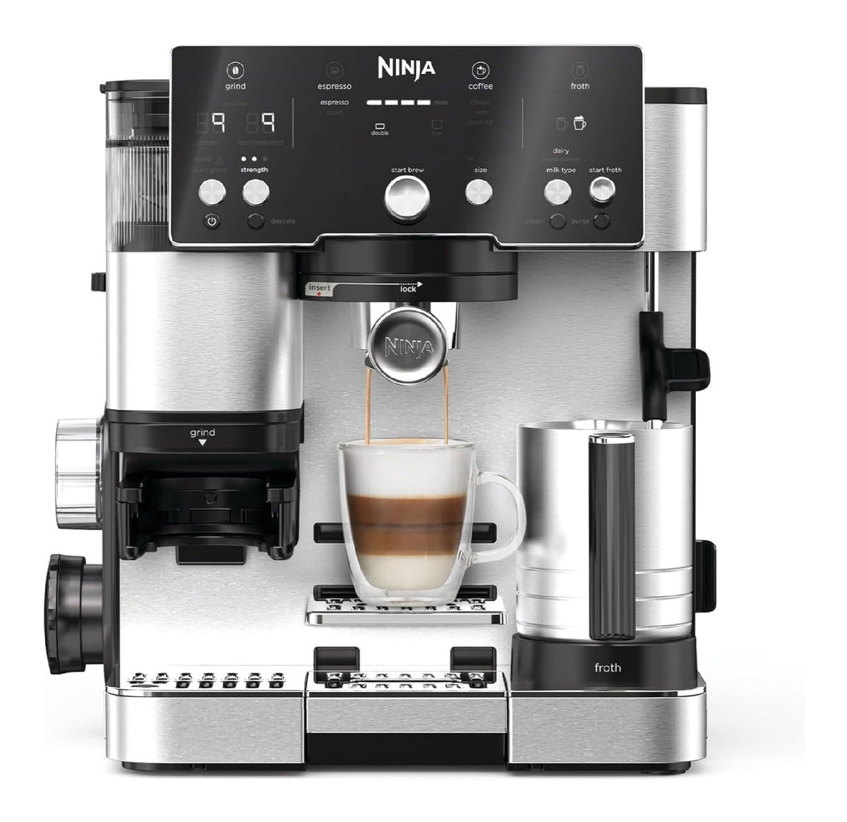 Machine a Cafe Luxe 2-en-1 Inox avec Moulin, Latte et Cappuccino