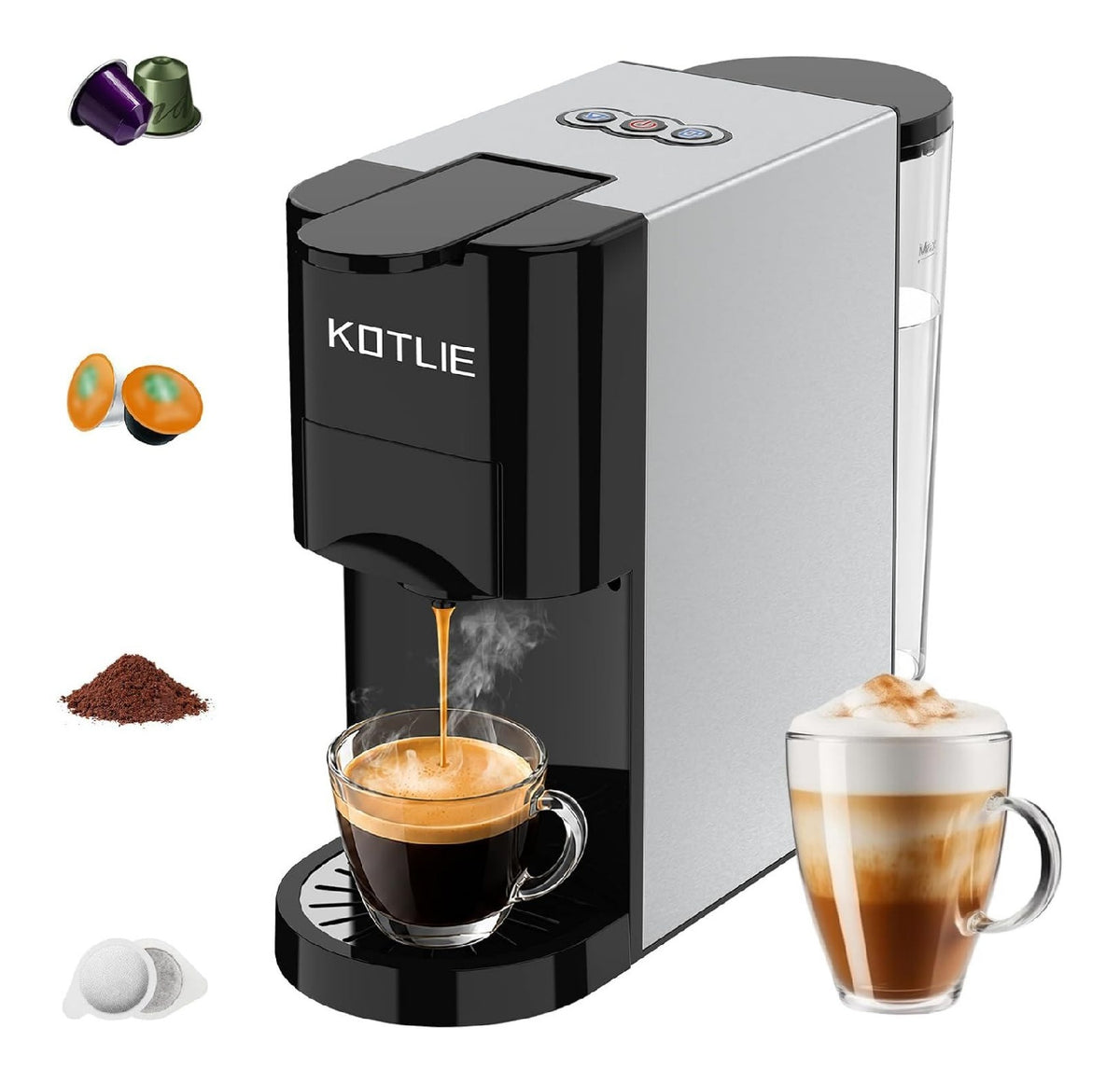 Machine espresso 4-en-1 compacte multi-dosettes capsules moulu inox