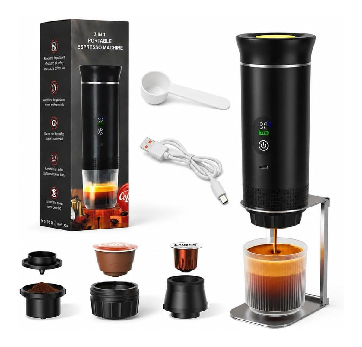 Machine Expresso Portable 3 en 1 20 Bars Affichage Numerique USB-C Support Metal Pliable
