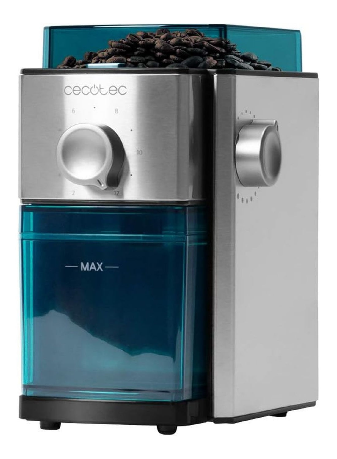 Moulin electrique lames acier 150W inox brosse reservoir bleu transparent
