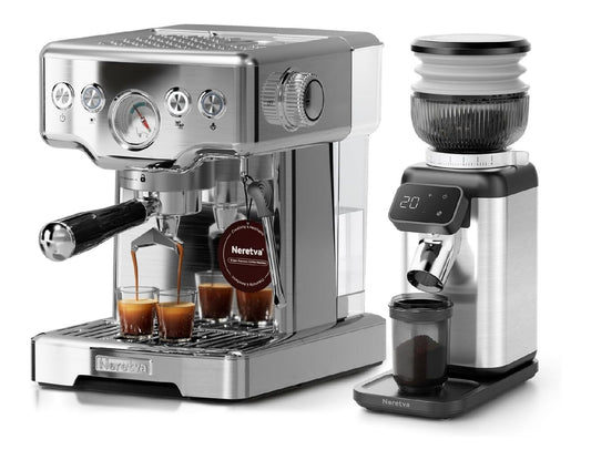 Machine espresso manometre visible acier poli moulin integre buse vapeur pro