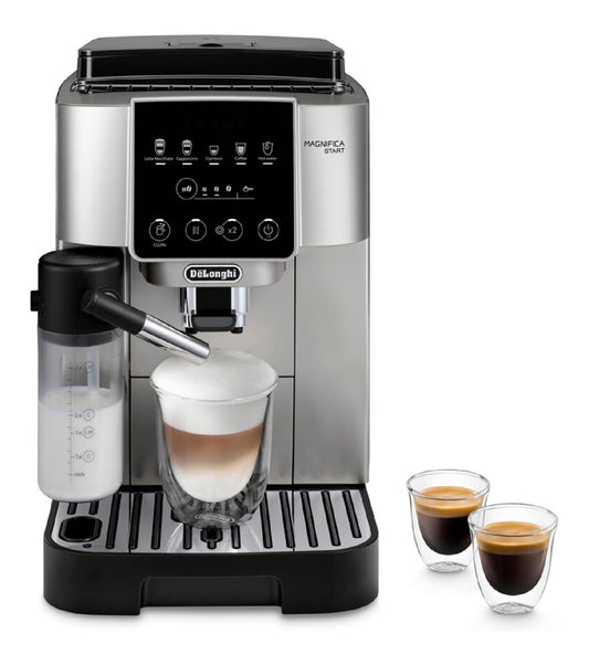 Expresso broyeur grain compact argent, boutons intuitifs, buse cappuccino, cafe fraicheur