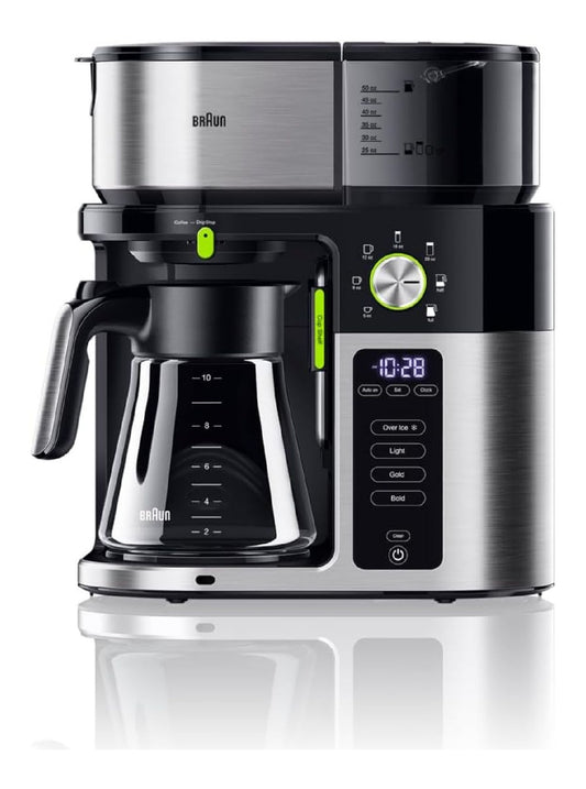 Cafetiere filtre programmable 10 tasses, broyeur grains, 4 profils infusion et mode glace, acier inox