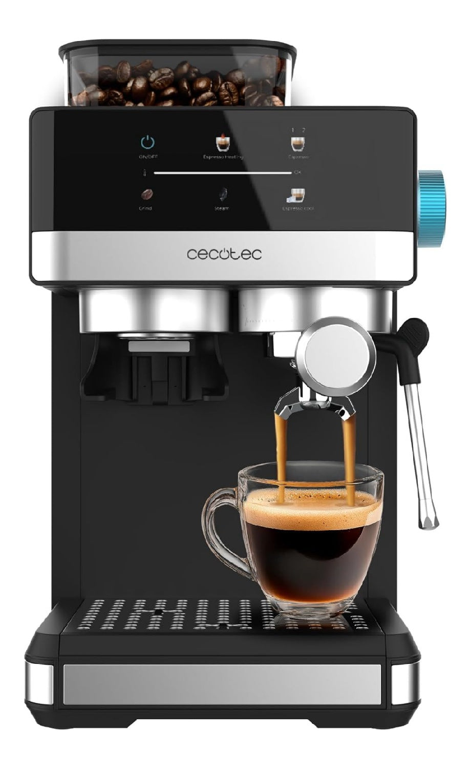 Machine espresso a moulin, ecran tactile, 20 bars, buse vapeur, 1350 W, compacte noire
