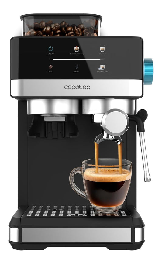 Machine espresso a moulin, ecran tactile, 20 bars, buse vapeur, 1350 W, compacte noire