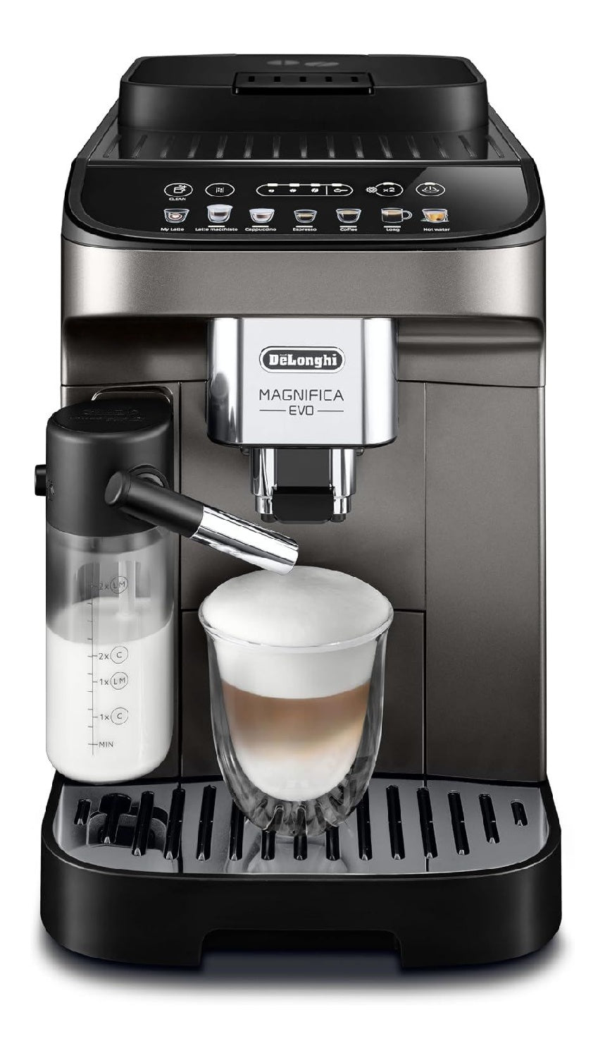Machine grains 7 recettes a une touche, panneau couleur, gris metallise, carafe lait frigo