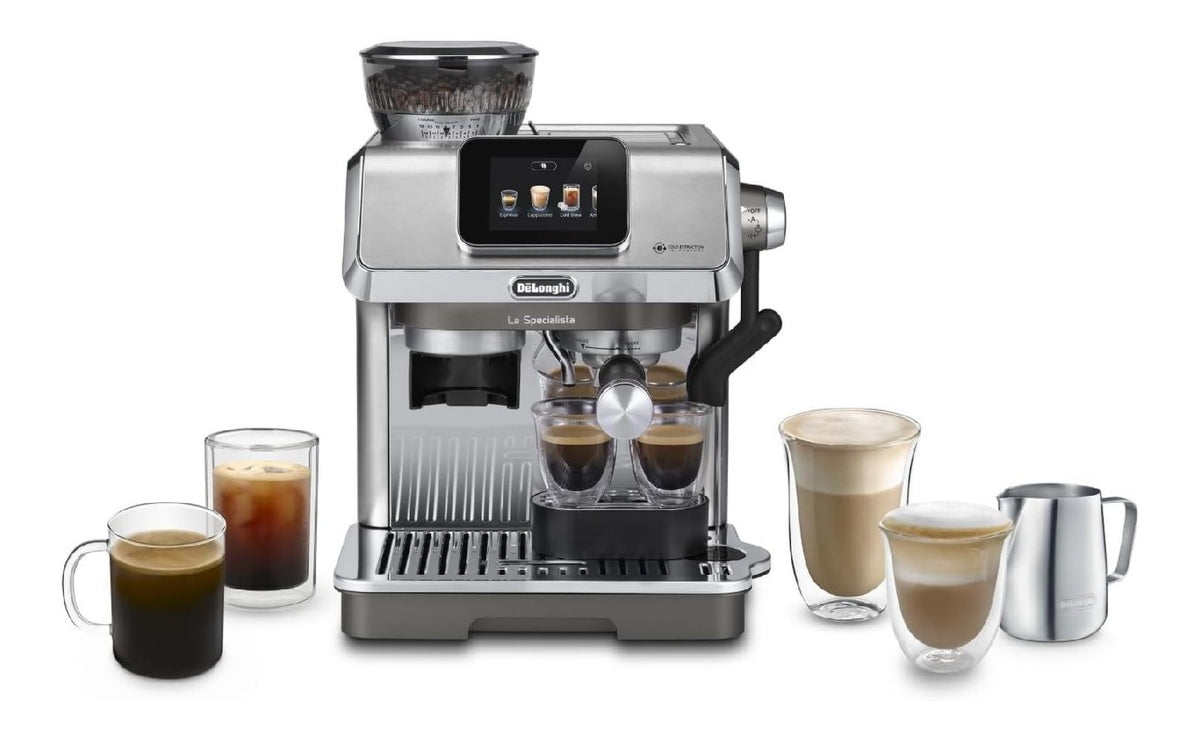 Machine espresso manuelle a moulin capteur, extraction a froid, ecran tactile, design inox premium