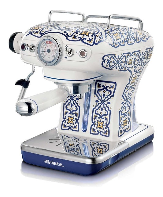 Machine espresso 850W design retro bleu blanc motifs mediterraneens
