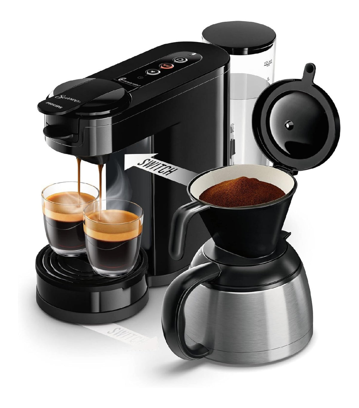 Machine dosettes filtre 2-en-1 carafe isotherme inox polyvalente