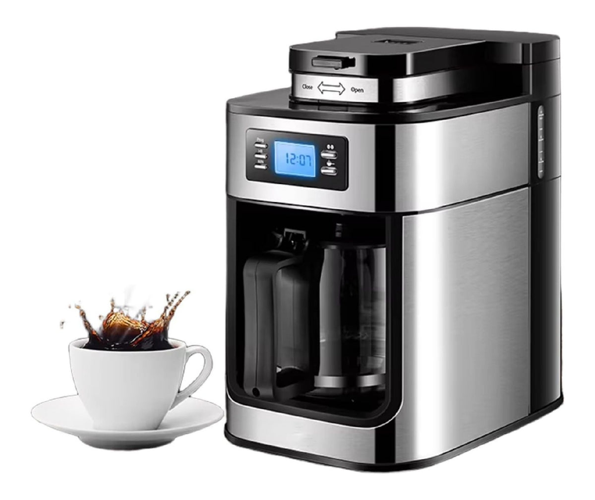 Cafetiere Filtre Auto Broyeur Integre Ecran LED 8 Tasses Verseuse Verre Inox