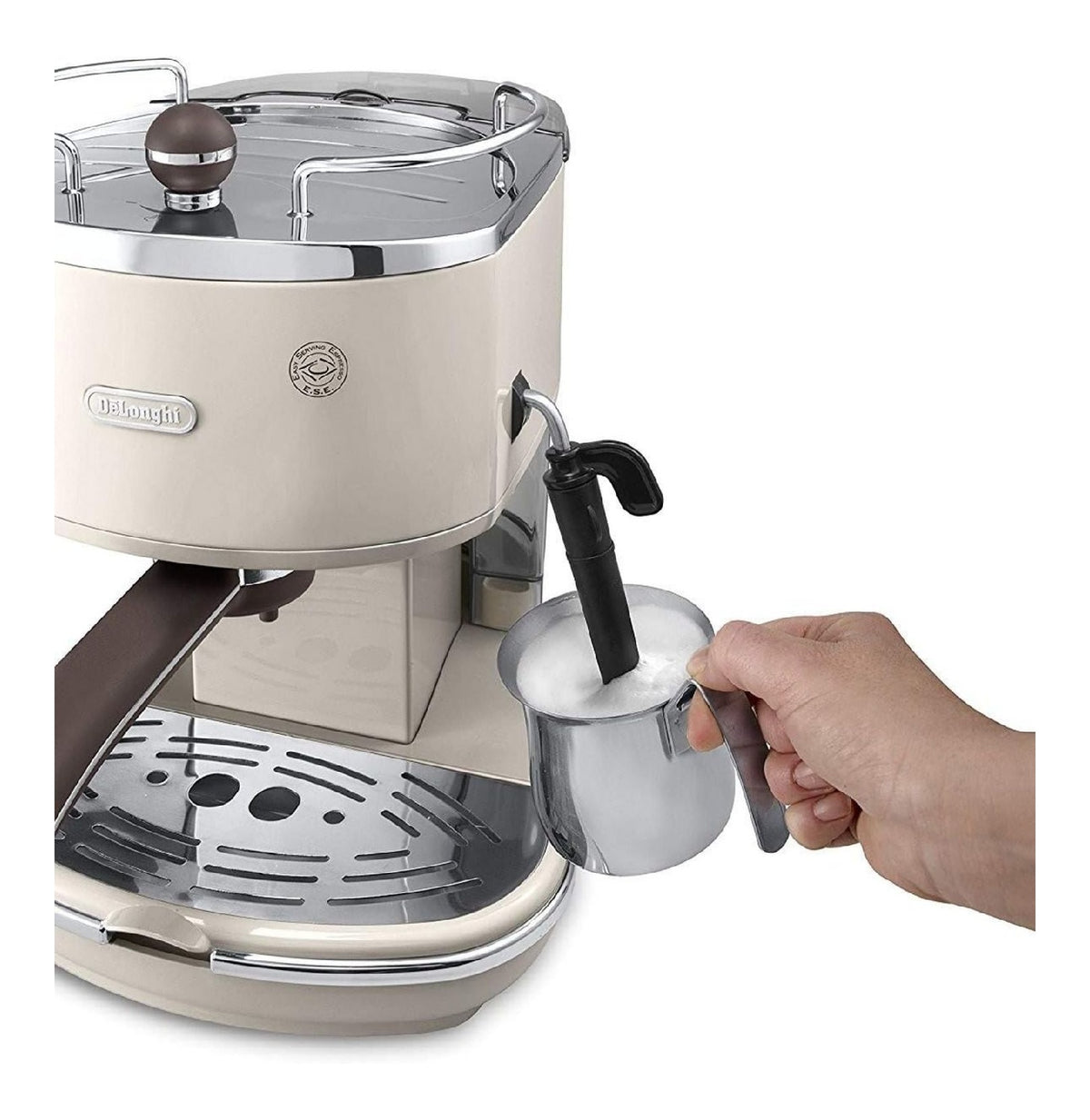 Machine espresso vintage creme, buse vapeur lait cremeux, cafe moulu ou dosettes ESE, retro