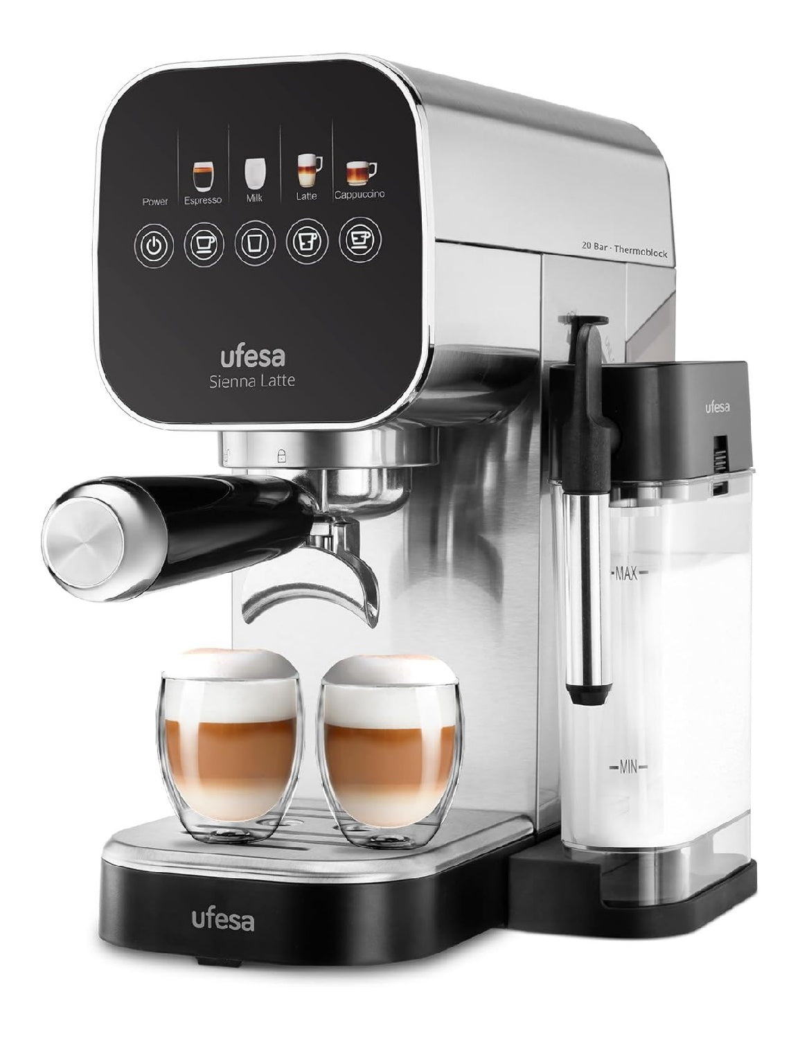 Expresso tactile 20 bars chauffe rapide, reservoir lait integre, cappuccino et latme un toucher, inox