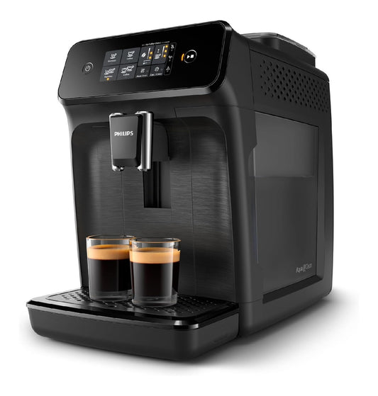 Machine grains automatique noire, broyeur ceramique 12 reglages, 2 tasses simultanees, cafe cremeux