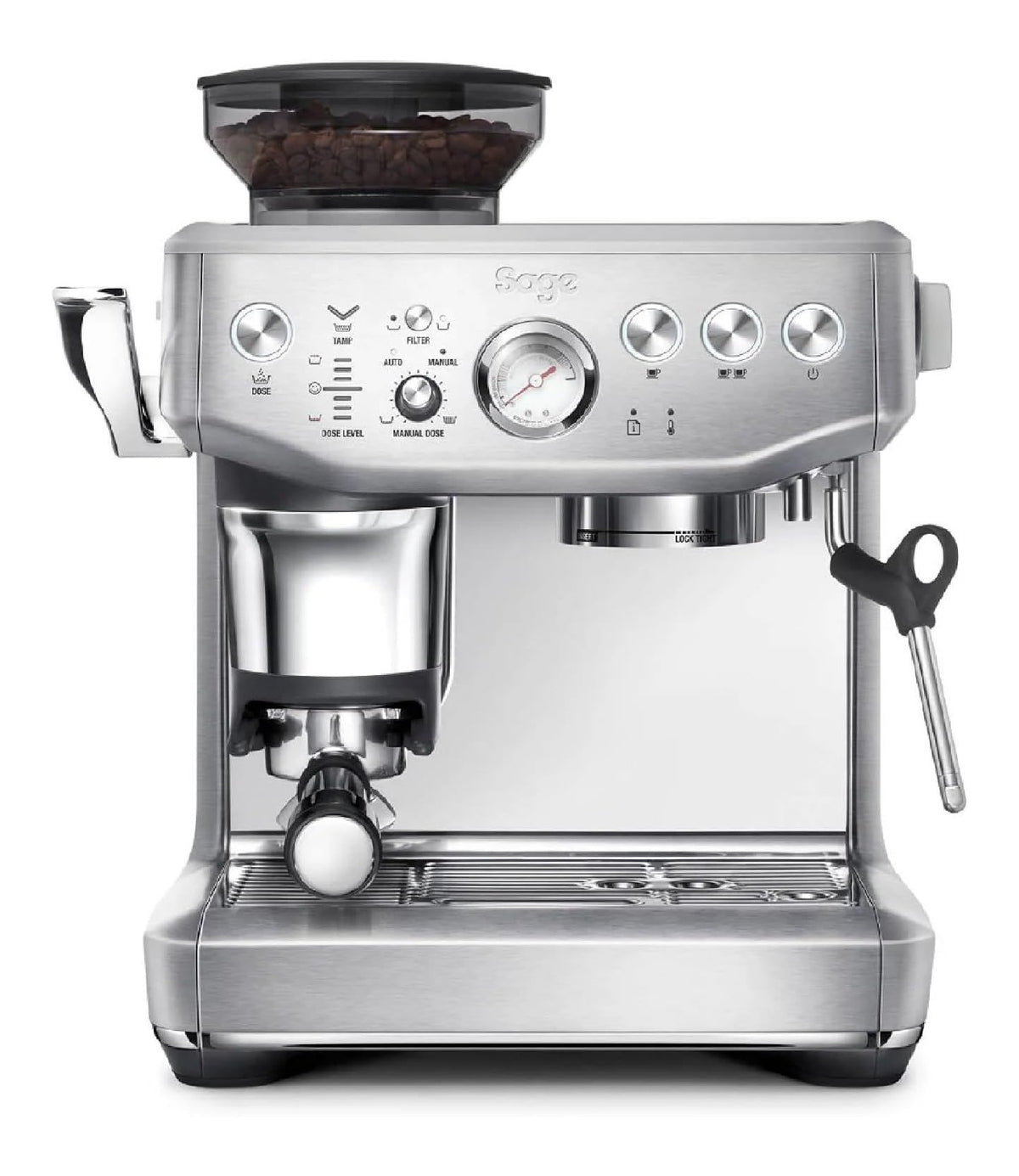 Machine espresso pro a tassage intelligent, broyeur doseur, pression reglable, acier inox premium