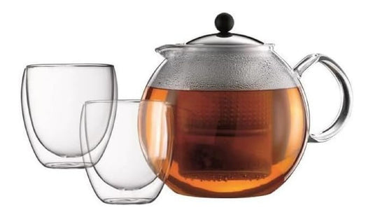 Theiere piston verre borosilicate set 2 tasses double paroi