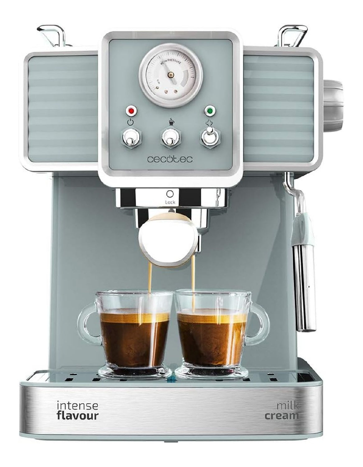 Machine espresso vintage gris, manometre pression, 2 thermoblocks, mode 1 et 2 tasses, 20 bars