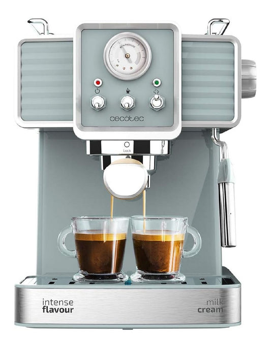 Machine espresso vintage gris, manometre pression, 2 thermoblocks, mode 1 et 2 tasses, 20 bars