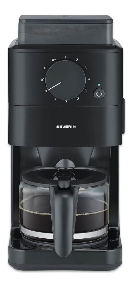 Cafetiere filtre a broyeur 10 tasses, reglage mouture, grains ou moulu, carafe verre, noire