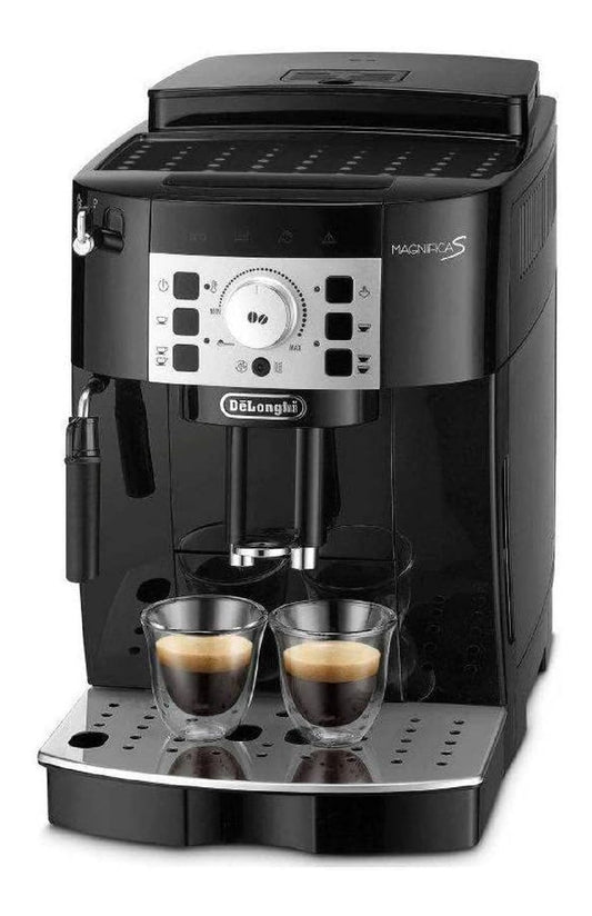 Expresso broyeur grain noir, cafe fraichement moulu, molette de reglage, buse vapeur cappuccino