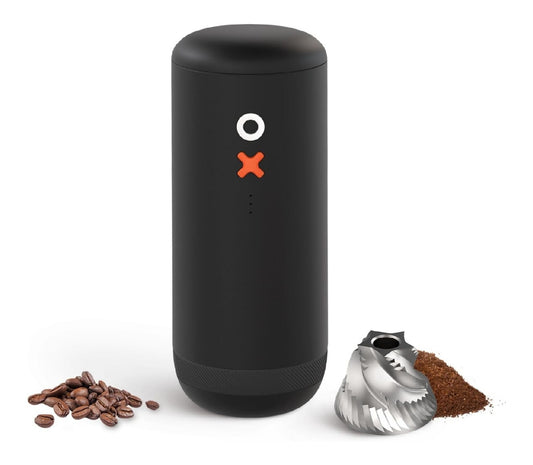 Moulin electrique design prime cylindre noir mat bouton X orange minimaliste