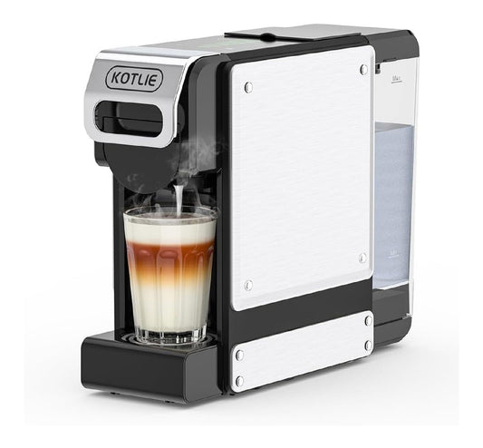 Machine a capsules 4 en 1, 19 bars, design blanc et inox, cafe creme et long en un clic