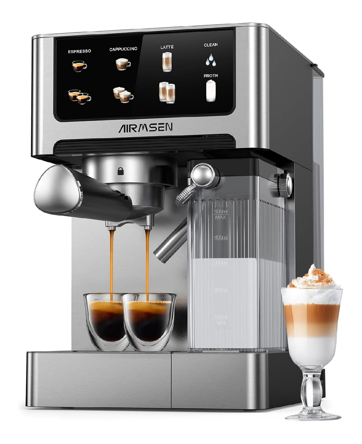 Expresso double chaudiere 1350+1000W, reservoir lait 500 ml, ecran tactile, cappuccino auto